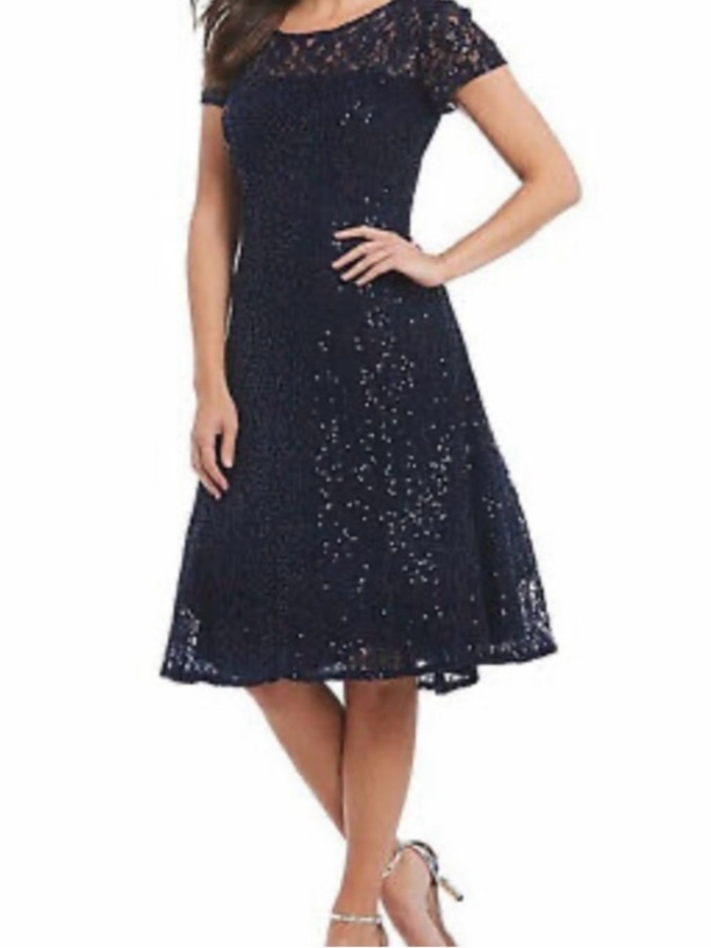 Classic Navy Lace A-Line Dress - Women's Evening Dress